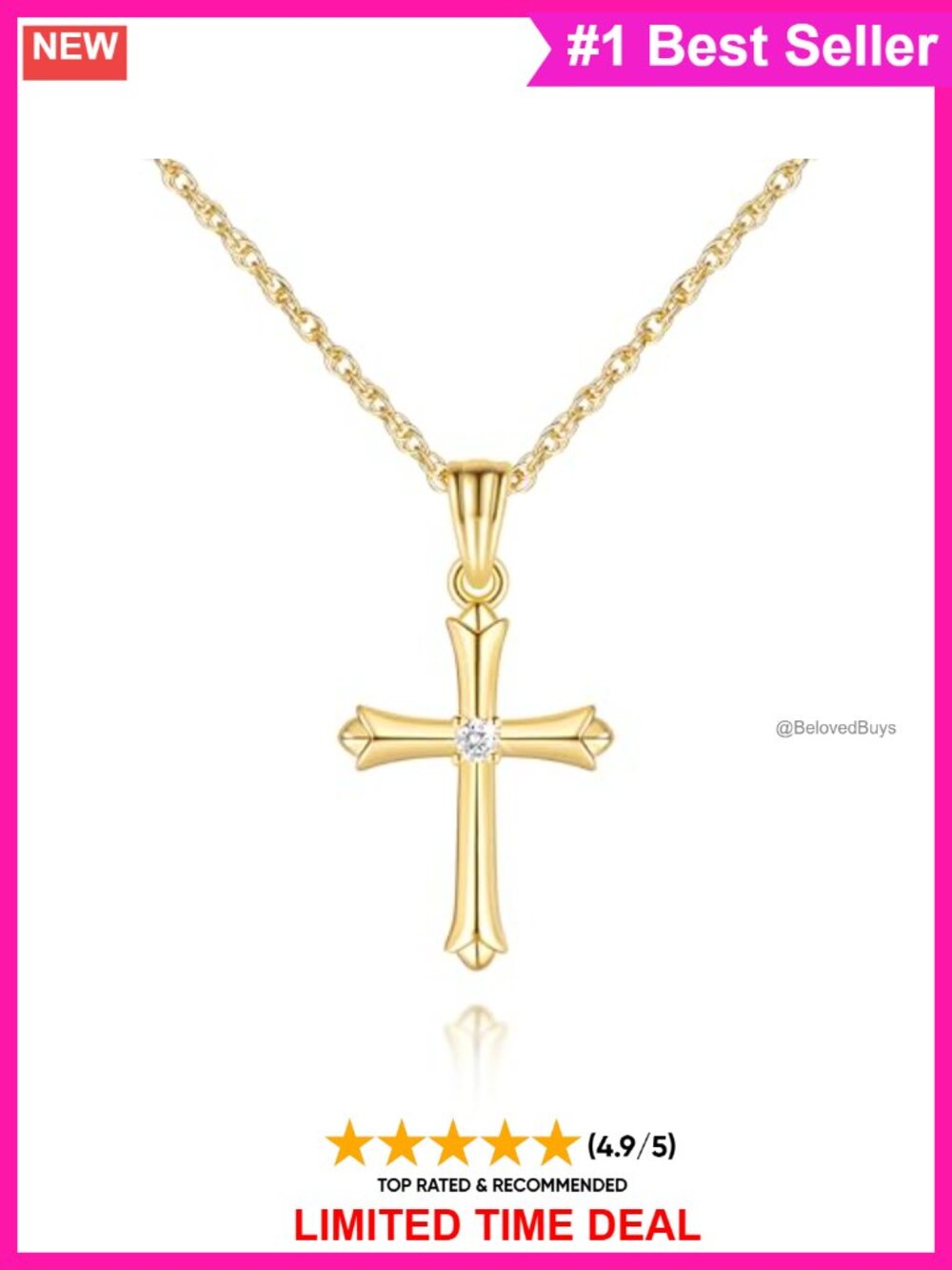 14k Gold Plated Cross Necklace Rope Chain Cubic Zirconia Pendant